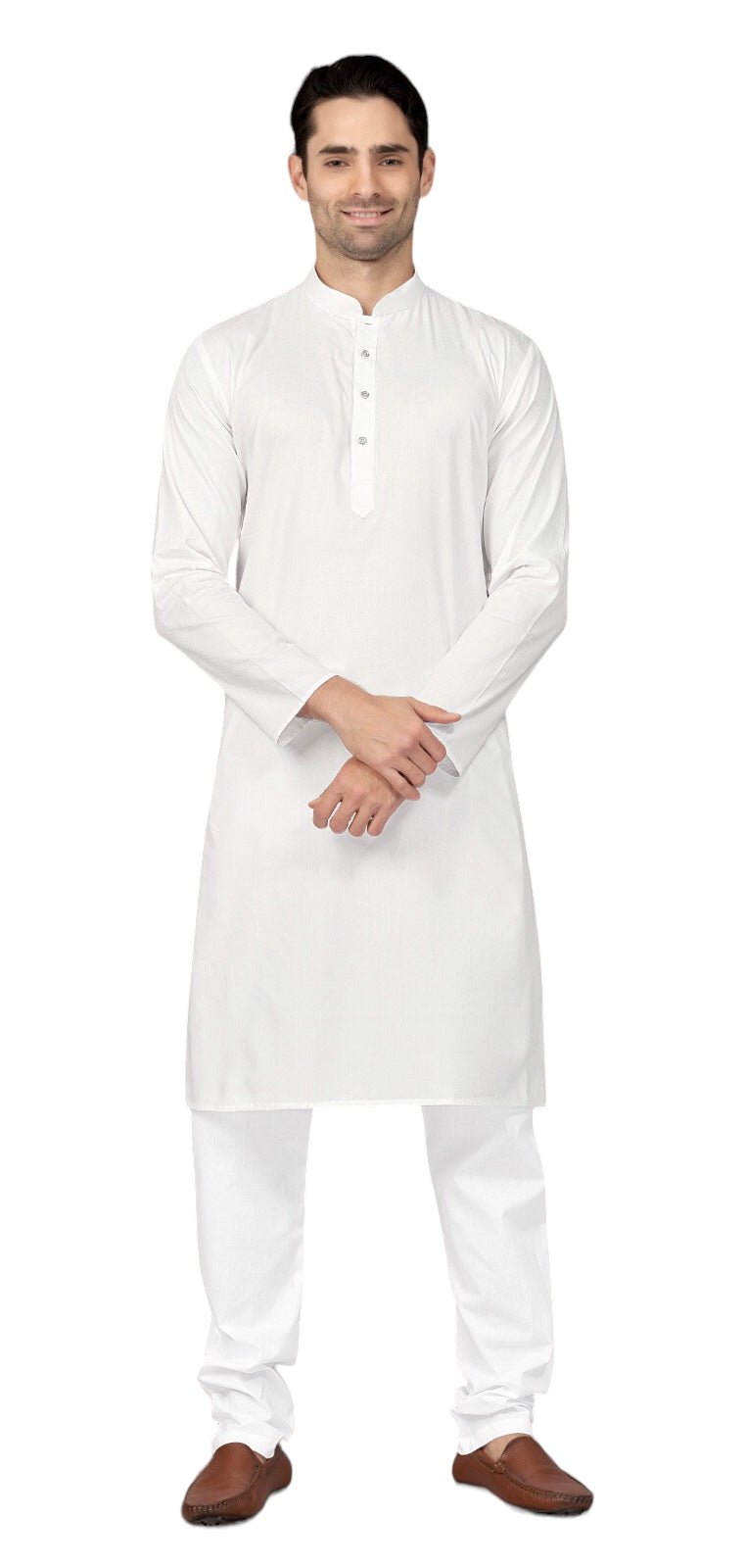 White - Pure Cotton Mens Indian Kurta set - Funeral, Temple, Eid, Mehndi, Haldi (with Draw stringed trousers) - Cello KV - Prachy Creations