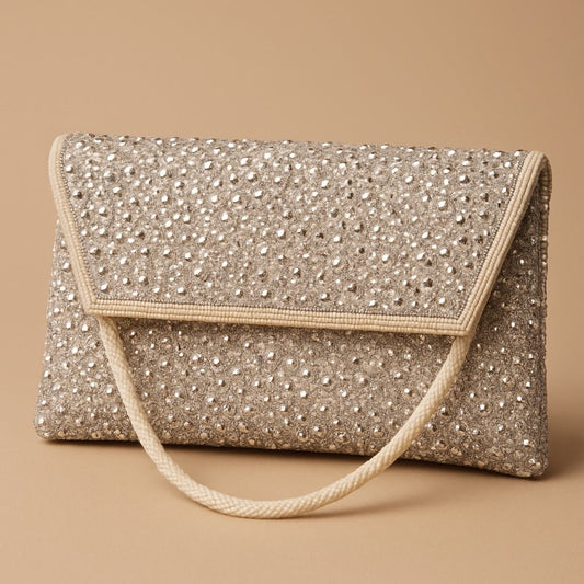 White - Rich Hand Embroidered Clutch Bag / Handbag - AKB235 05KP25 - Prachy Creations