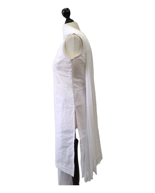 White - Sleeveless Cotton Ladies Salwar Kameez with Chiffon Dupatta - Funeral KTC2301 KY 0923 - Prachy Creations