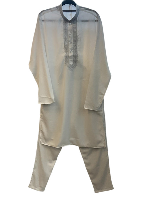 White - Soft Silky Mens Kurta Set with Neck Thread Embroidery -Eid Sangeet Mehendi Haldi - KCS2001 06KH26 - Prachy Creations