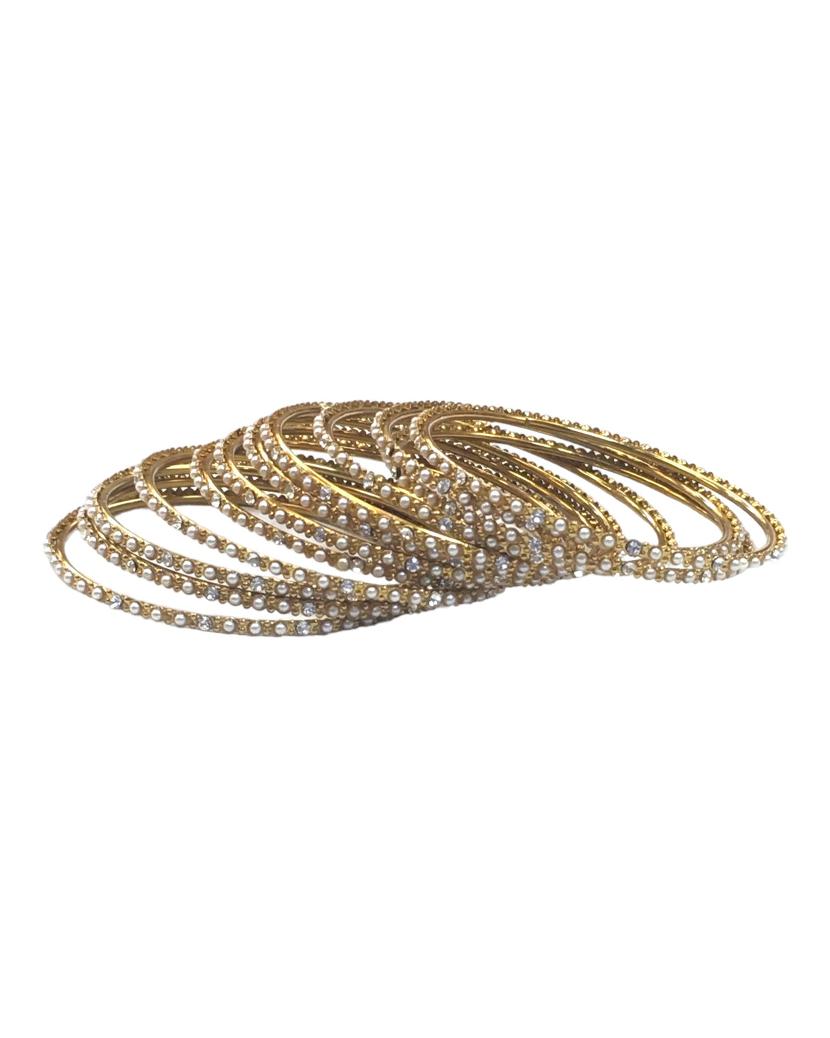 White Stones - Set of 12 Stone / Pearl Bangles - Antique Gold Finish (Pair) - JAN739 Vp 0923 - Prachy Creations
