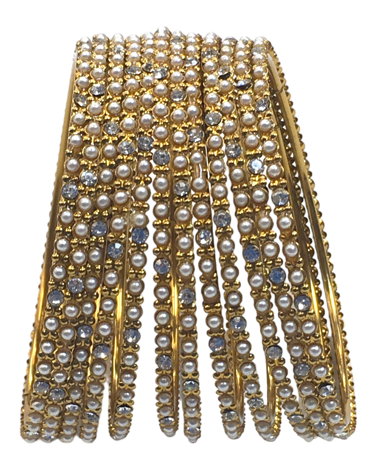 White Stones - Set of 12 Stone / Pearl Bangles - Antique Gold Finish (Pair) - JAN739 Vp 0923 - Prachy Creations
