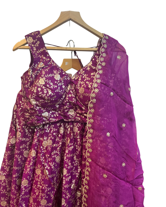 Wine - Banarasi Brocade Silky Lehenga Set - Mehndi / Sangeet / Bridesmaids / Weddings / Garba - Size UK 12 (38" Bust) Adjustable to Size 14 - UK Stock - 24h Dispatch - AF2601 02VP26 - Prachy Creations