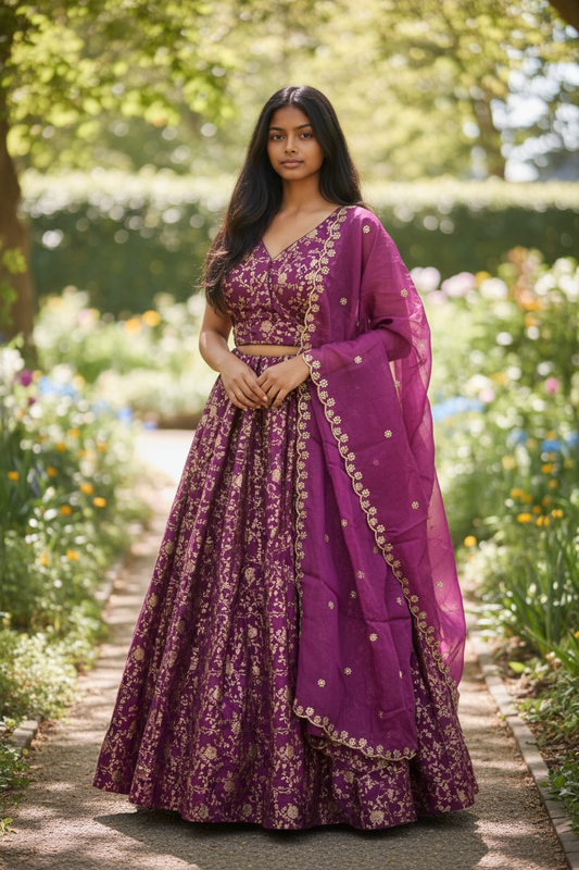 Wine - Banarasi Brocade Silky Lehenga Set - Mehndi / Sangeet / Bridesmaids / Weddings / Garba - Size UK 12 (38" Bust) Adjustable to Size 14 - UK Stock - 24h Dispatch - AF2601 02VP26 - Prachy Creations
