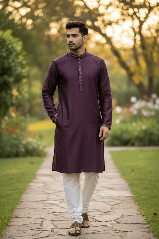 Wine - Banarasi Handloom Brocade Mens Indian Kurta set with Trousers - UK Stock - Weddings / Walimas , Sangeet, Diwali, Eid, Mehndi / Henna - VEE2459 VP - Prachy Creations