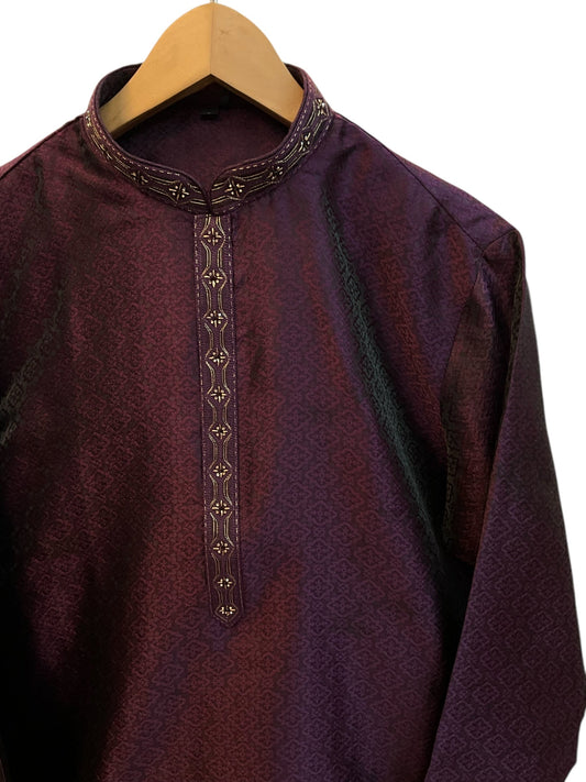 Wine - Banarasi Handloom Brocade Mens Indian Kurta set with Trousers - UK Stock - Weddings / Walimas , Sangeet, Diwali, Eid, Mehndi / Henna - VEE2459 VP - Prachy Creations