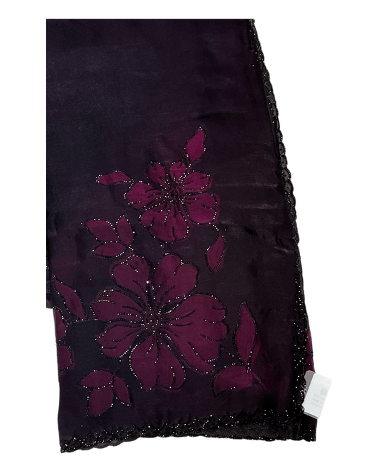 Wine / Black Floral - Classic Satin Crepe Saree with Stone Work and Blouse Piece - UK stock - 24hr Dispatch - RS2537 TV - Prachy Creations