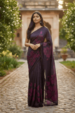 Wine / Black Floral - Classic Satin Crepe Saree with Stone Work and Blouse Piece - UK stock - 24hr Dispatch - RS2537 TV - Prachy Creations