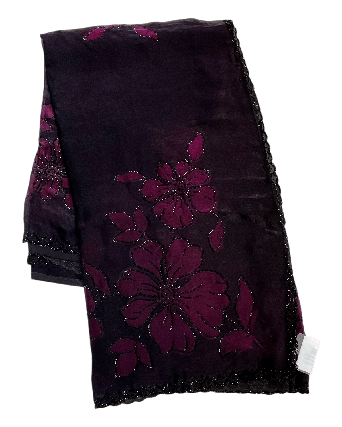 Wine / Black Floral - Classic Satin Crepe Saree with Stone Work and Blouse Piece - UK stock - 24hr Dispatch - RS2537 TV - Prachy Creations