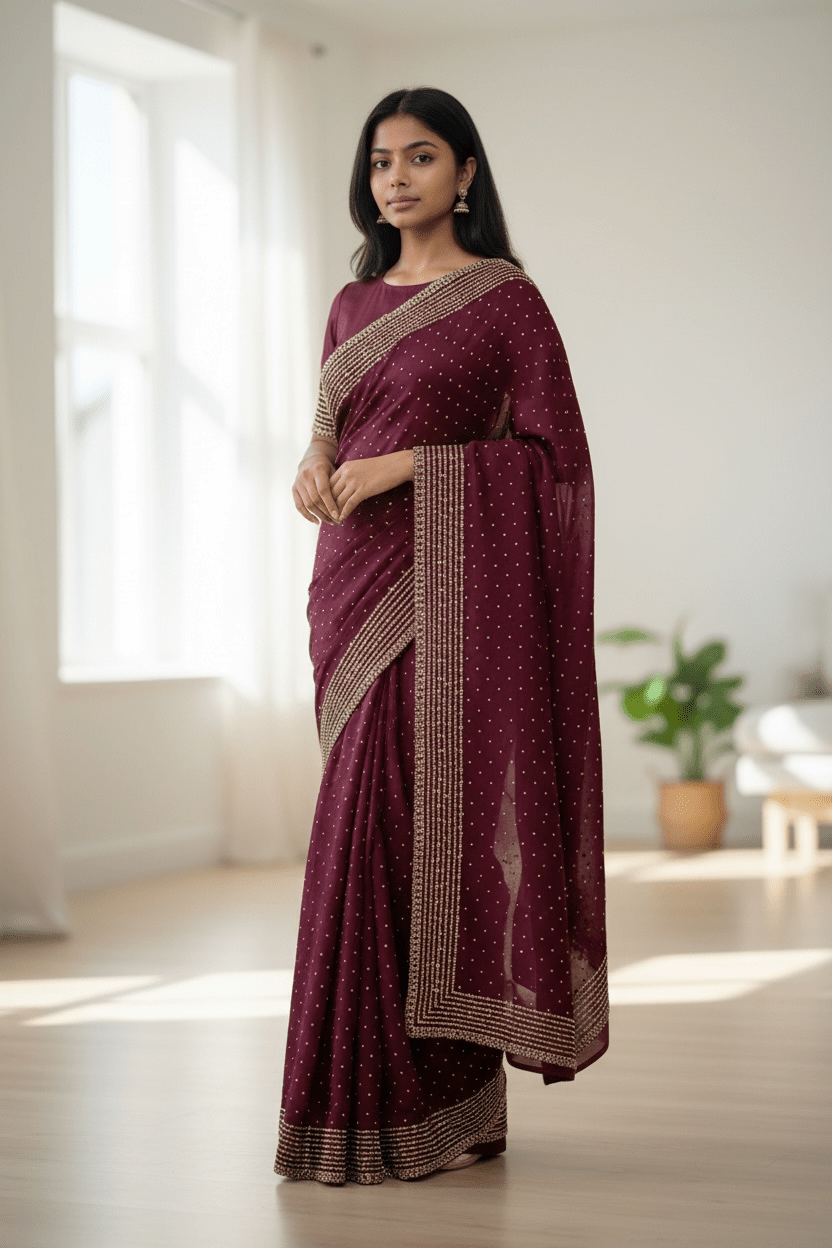 Wine - Classic Satin Crepe Saree with Stone Work and Blouse Piece - UK stock - 24hr Dispatch - RS2531 VY - Prachy Creations