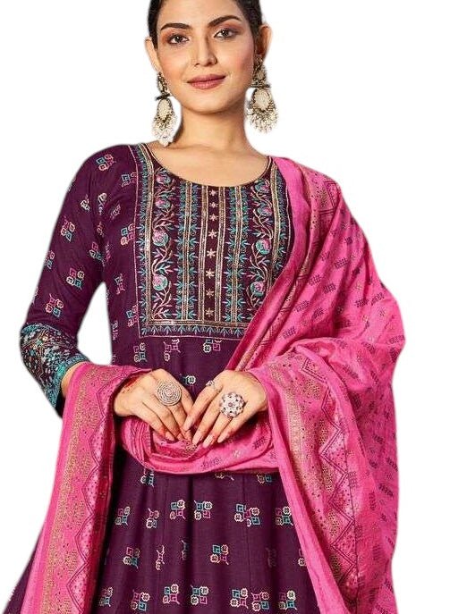 Wine - Cotton Block Printed Long Dress with Dupatta - Available in Sizes 14(40") & 20 (46") - BH1008 KK 0924 - Prachy Creations