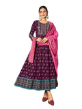 Wine - Cotton Block Printed Long Dress with Dupatta - Available in Sizes 14(40") & 20 (46") - BH1008 KK 0924 - Prachy Creations
