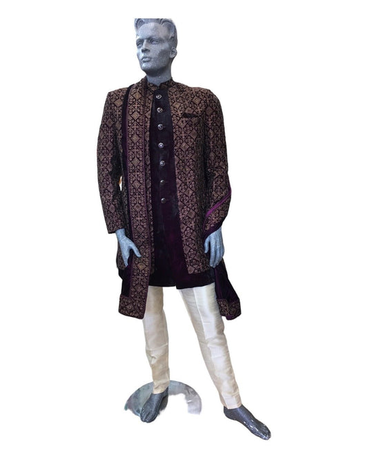 Wine / Maroon - Double Jacket Full Embroidery Sherwani with Trousers - SHU2305 CP 0523 - Prachy Creations