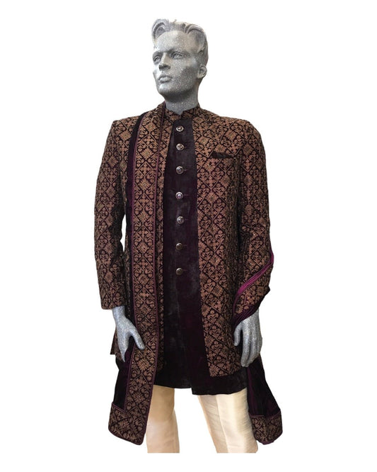 Wine / Maroon - Double Jacket Full Embroidery Sherwani with Trousers - SHU2305 CP 0523 - Prachy Creations