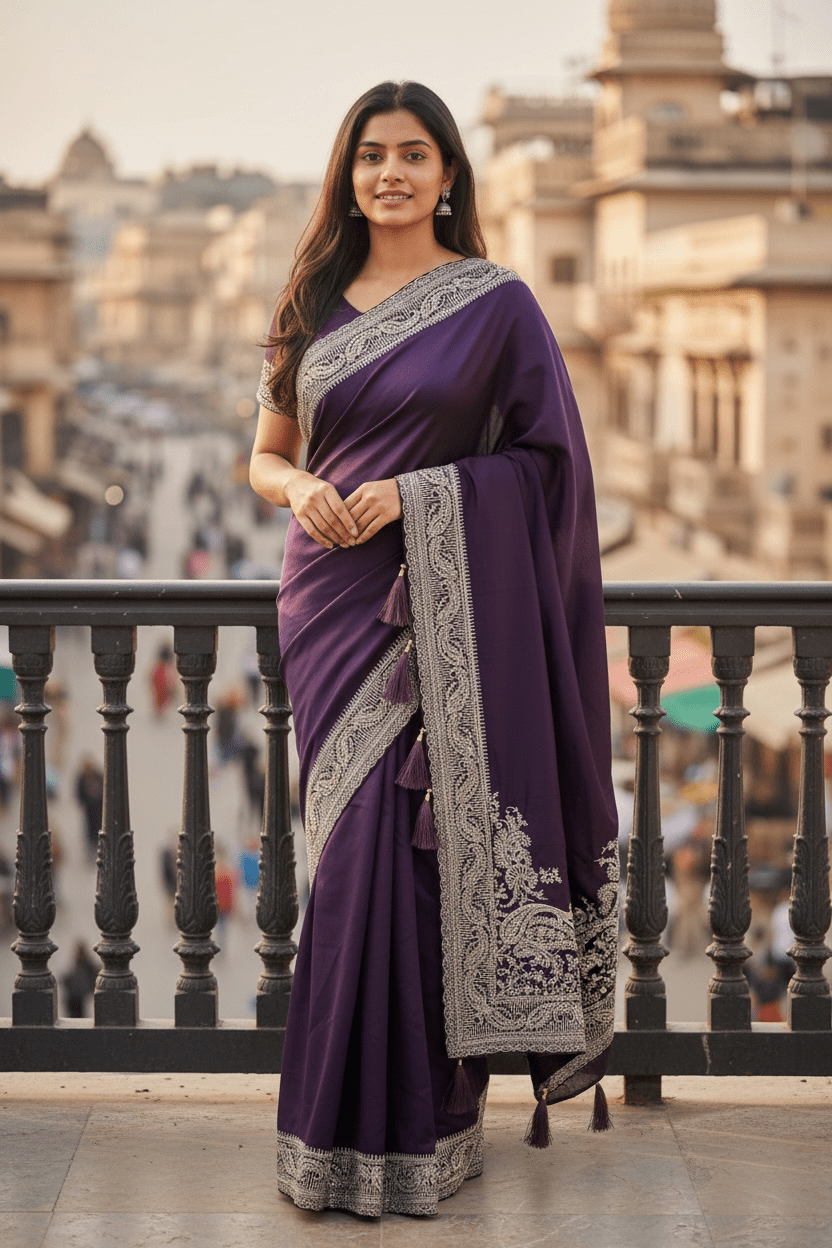 Wine / Purple - Classic Saree with Thread / Stone Work and Blouse Piece - UK stock - 24hr Dispatch - RS2506 VP - Prachy Creations