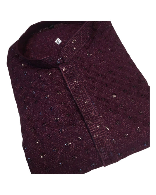 Wine Purple - Rich Sequins Lucknowi Chiffon Mens Indian Kurta Set with Smart Pants - Weddings / Walimas , Sangeet, Eid, Mehndi / Henna - YD2501 KC 0225 - Prachy Creations