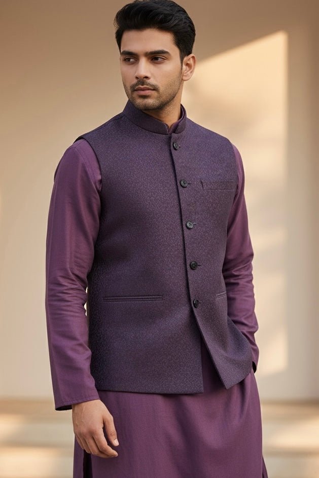 Wine / Purple - Self Brocade - Premium Suede Feel Mens Indian Waistcoat - UK Stock - 24 hr Dispatch - VNS-JKT697/17 10KP25 - Prachy Creations
