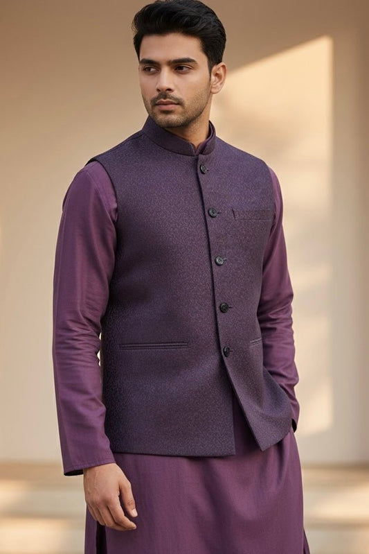 Wine / Purple - Self Brocade - Premium Suede Feel Mens Indian Waistcoat - UK Stock - 24 hr Dispatch - VNS-JKT697/17 10KP25 - Prachy Creations