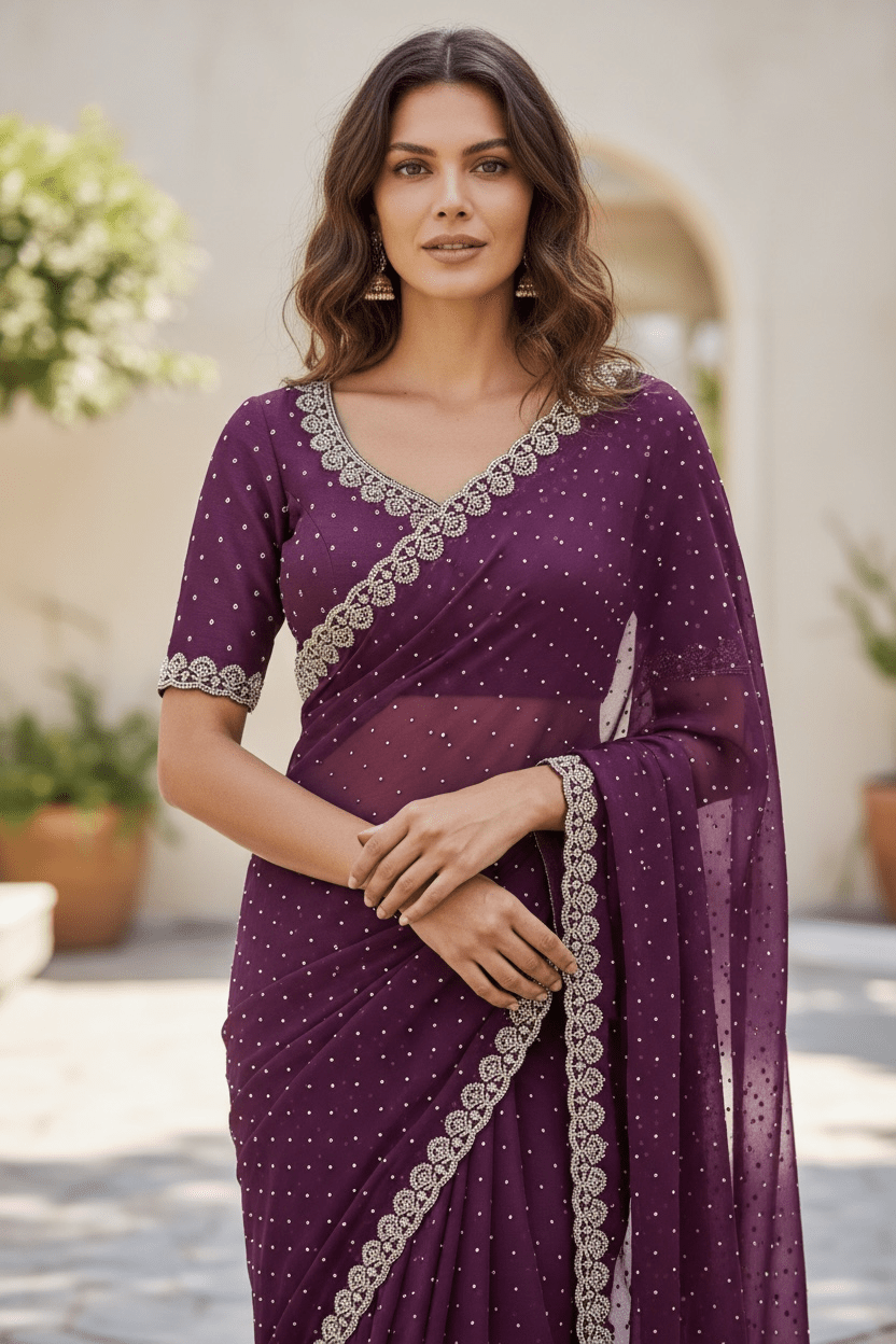 Wine - Rich Saree with Stone Work Border and Blouse Piece - UK stock - 24hr Dispatch - RS2509 VA - Prachy Creations