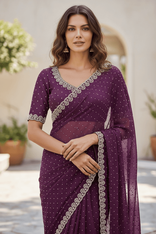 Wine - Rich Saree with Stone Work Border and Blouse Piece - UK stock - 24hr Dispatch - RS2509 VA - Prachy Creations