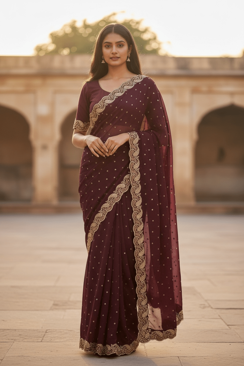 Wine - Rich Saree with Stone Work Border and Blouse Piece - UK stock - 24hr Dispatch - RS2532 TC - Prachy Creations