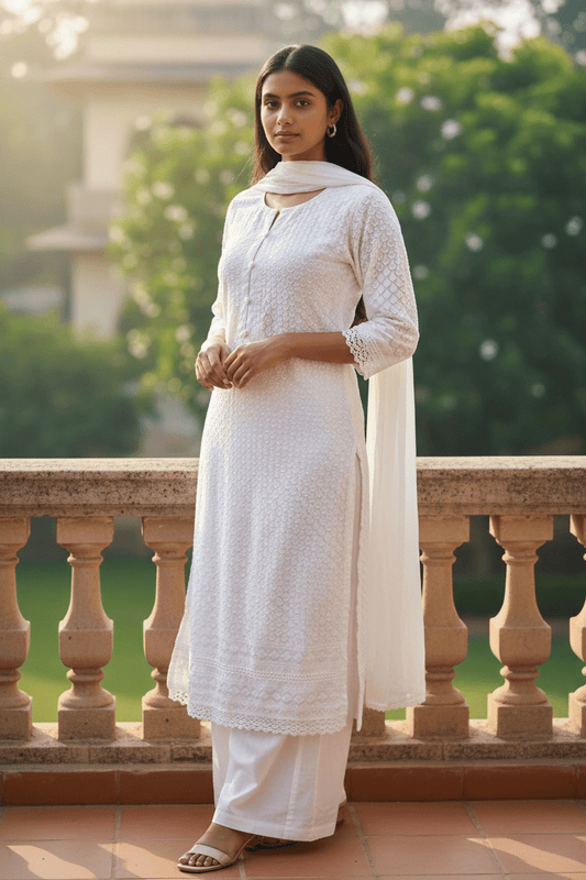 XS to XXXL - White - Cotton Ladies Salwar Kameez with Chiffon Dupatta - Elbow Length Sleeves - Funeral / Church KTC250401 KR - Prachy Creations