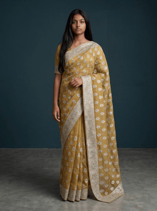 Yellow - Fancy Party Saree with Blouse Piece - UK stock - 24hr Dispatch - VFU4108 03VA26 - Prachy Creations
