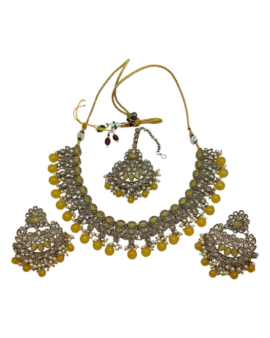 Yellow - Large Size Antique Gold Finish Necklace Set with Earrings & Head Piece - Bollywood - AE2514 08KY25 - Prachy Creations