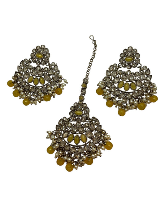 Yellow - Large Size Antique Gold Finish Necklace Set with Earrings & Head Piece - Bollywood - AE2514 08KY25 - Prachy Creations