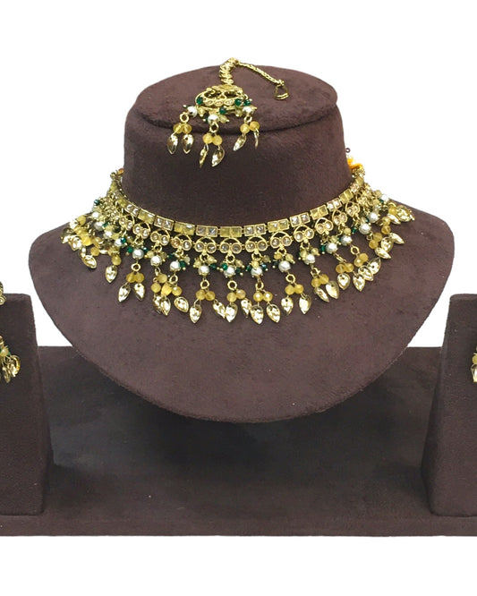 Yellow - Medium Size Antique Gold Finish Necklace Set with Earrings - HB1000 KY 0424 - Prachy Creations