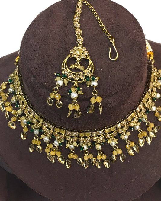 Yellow - Medium Size Antique Gold Finish Necklace Set with Earrings - HB1000 KY 0424 - Prachy Creations