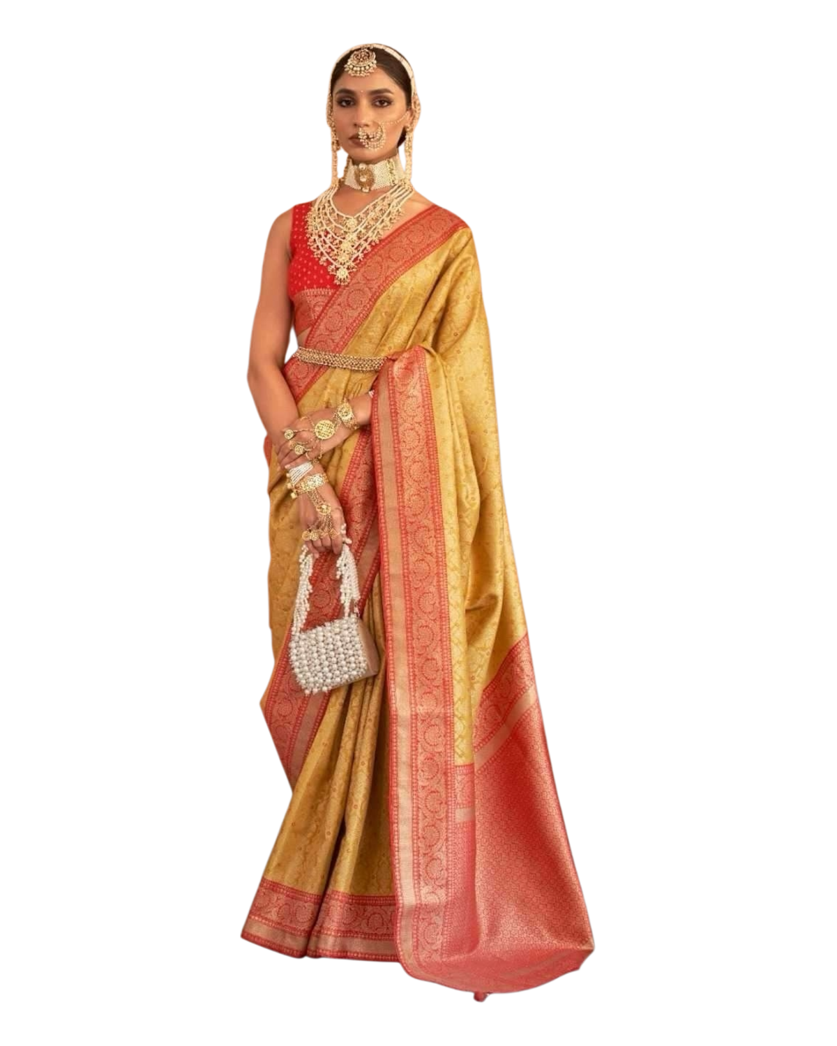Yellow / Red - Silky Handloom Banarasi Saree with Blouse Piece - 12TY25 REW1048 - Prachy Creations