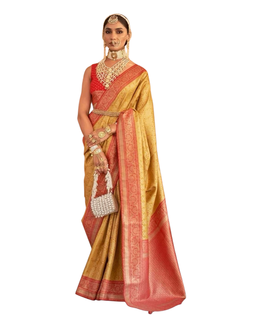 Yellow / Red - Silky Handloom Banarasi Saree with Blouse Piece - 12TY25 REW1048 - Prachy Creations