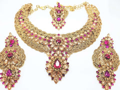 DC8757 JY - Antique gold finish Necklace, Earrings and Tika set - Prachy Creations