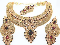 DC8757 JY - Antique gold finish Necklace, Earrings and Tika set - Prachy Creations