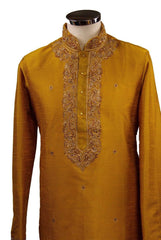 Classy Raw silk kurta set with antique embroidery on the neck and sleeves - CK 1800 - Prachy Creations