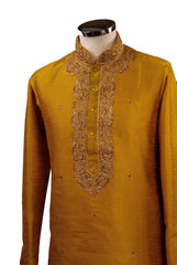 Classy Raw silk kurta set with antique embroidery on the neck and sleeves - CK 1800 - Prachy Creations