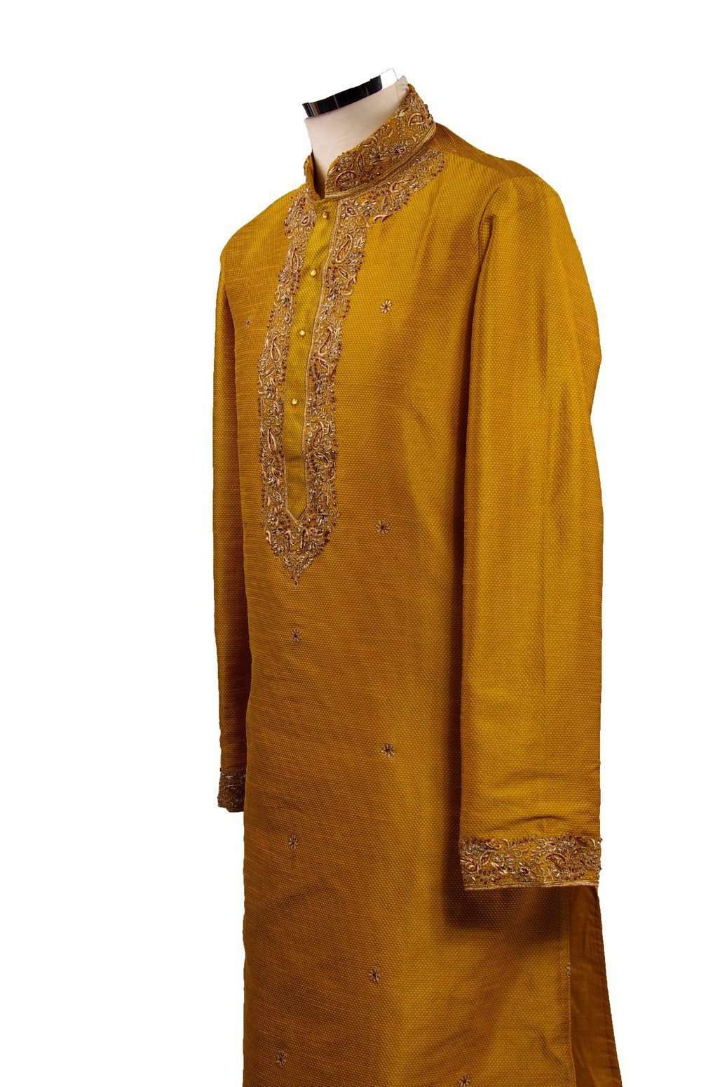 Classy Raw silk kurta set with antique embroidery on the neck and slee ...