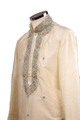 Classy Raw silk kurta set with antique embroidery on the neck and sleeves - CK 1800 - Prachy Creations