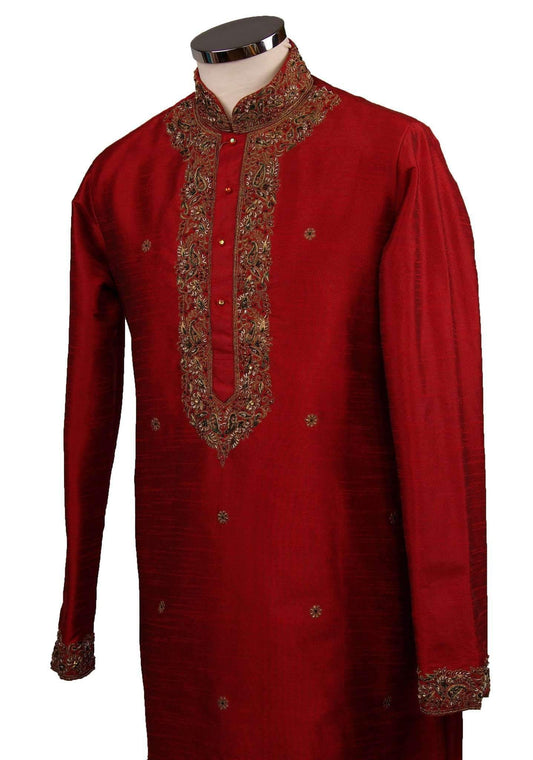 Classy Raw silk kurta set with antique embroidery on the neck and sleeves - CK 1800 - Prachy Creations