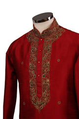 Classy Raw silk kurta set with antique embroidery on the neck and sleeves - CK 1800 - Prachy Creations