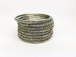 Set of Silver Finish Clear stone bangles (set of 8) - JAN1608KP-SIL-CLR - Prachy Creations