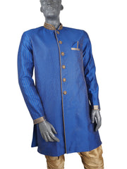 Mens Indian Sherwani Kurta set in Blue (with gold trousers) -Mahajan VC0819 - Prachy Creations