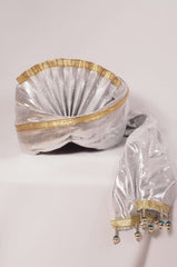 SGT 002 - Silver Turban with gold trim, Bollywood, weddings , fancy dress - Prachy Creations