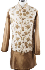 Gold Raw silk Kurta set with Jute Embroidered waistcoat - Bollywood, Weddings, Fancy Dress - SNC597CP - Prachy Creations