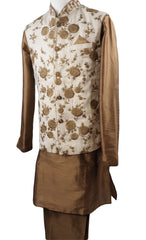 Gold Raw silk Kurta set with Jute Embroidered waistcoat - Bollywood, Weddings, Fancy Dress - SNC597CP - Prachy Creations