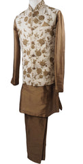 Gold Raw silk Kurta set with Jute Embroidered waistcoat - Bollywood, Weddings, Fancy Dress - SNC597CP - Prachy Creations