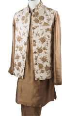 Gold Raw silk Kurta set with Jute Embroidered waistcoat - Bollywood, Weddings, Fancy Dress - SNC597CP - Prachy Creations