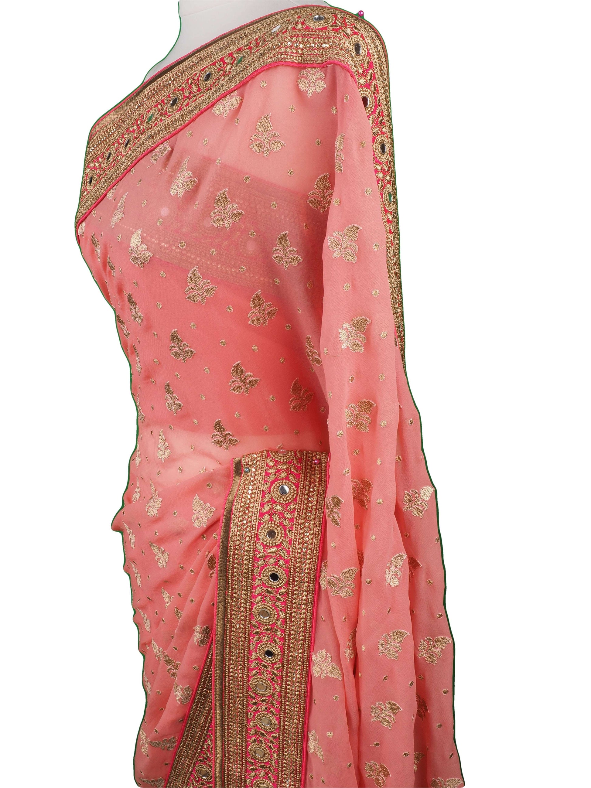 SEP5716 04CP17 - Coral saree with contrast border , Bollywood, Weddings - Prachy Creations