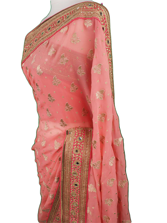 SEP5716 04CP17 - Coral saree with contrast border , Bollywood, Weddings - Prachy Creations